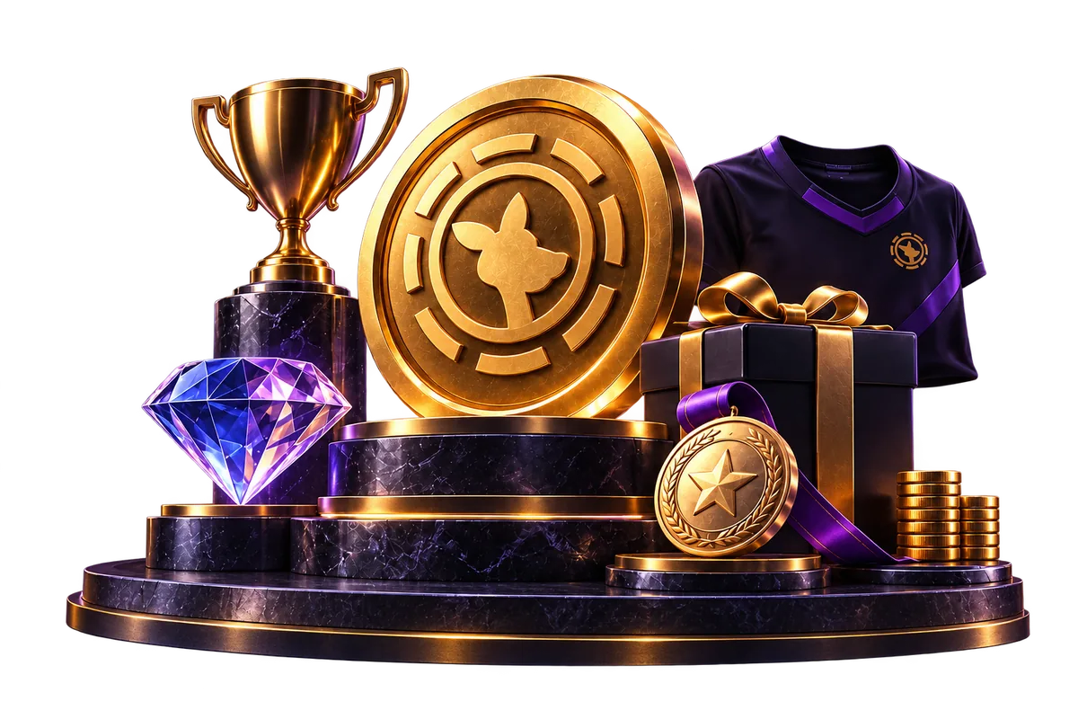Roobet-branded reward token with trophy, VIP diamond, merchandise and prizes